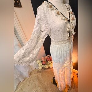 White Floral Lace Boho Maxi Dress with Tassel Pom Pom Trim